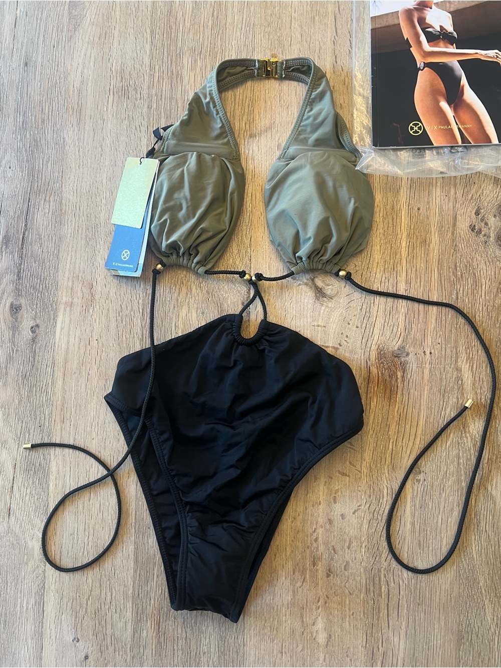 New with Tags ViX Paula Hermanny Olive & Black Halter One-Piece Swimsuit Medium